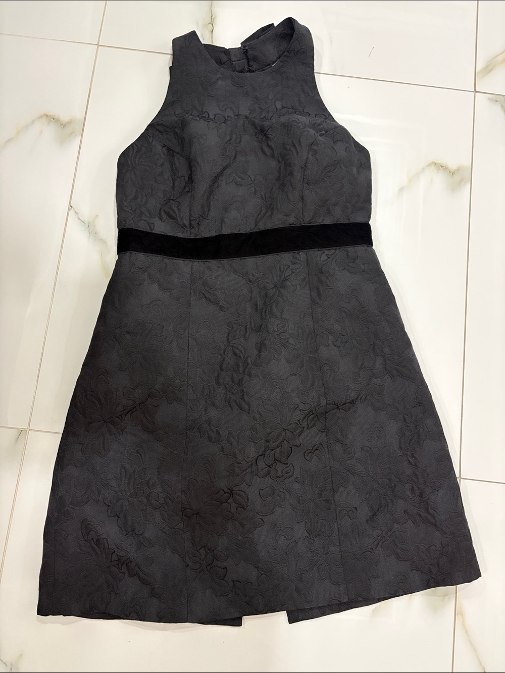 Moda International Black Floral Jacquard Dress with Velvet Waistband size 6